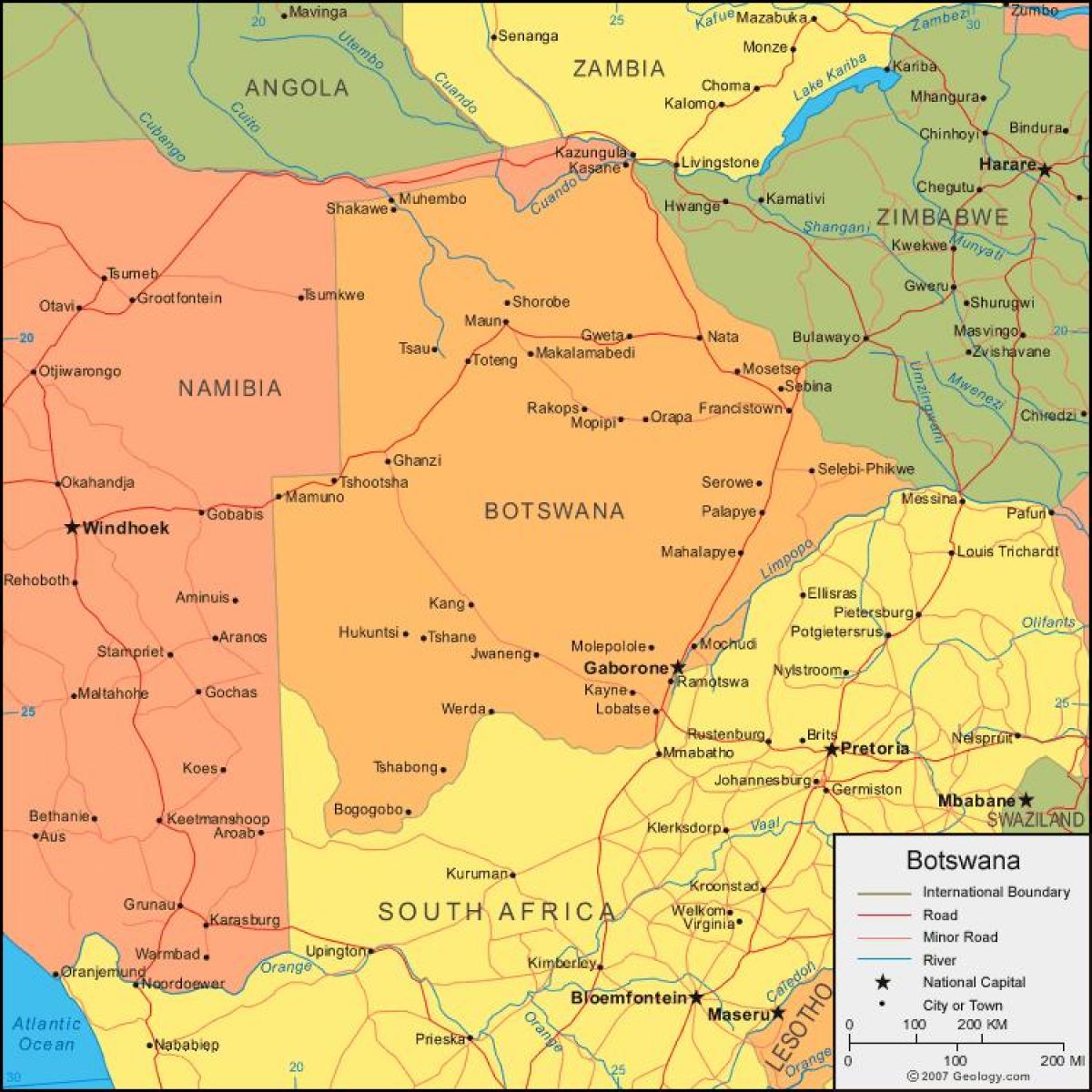 mappa del Botswana che mostra tutti i villaggi