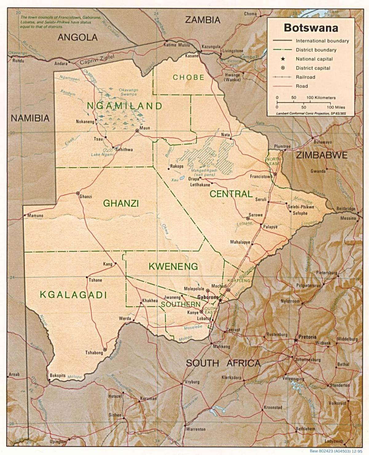 mappa del Botswana mostrando città e villaggi